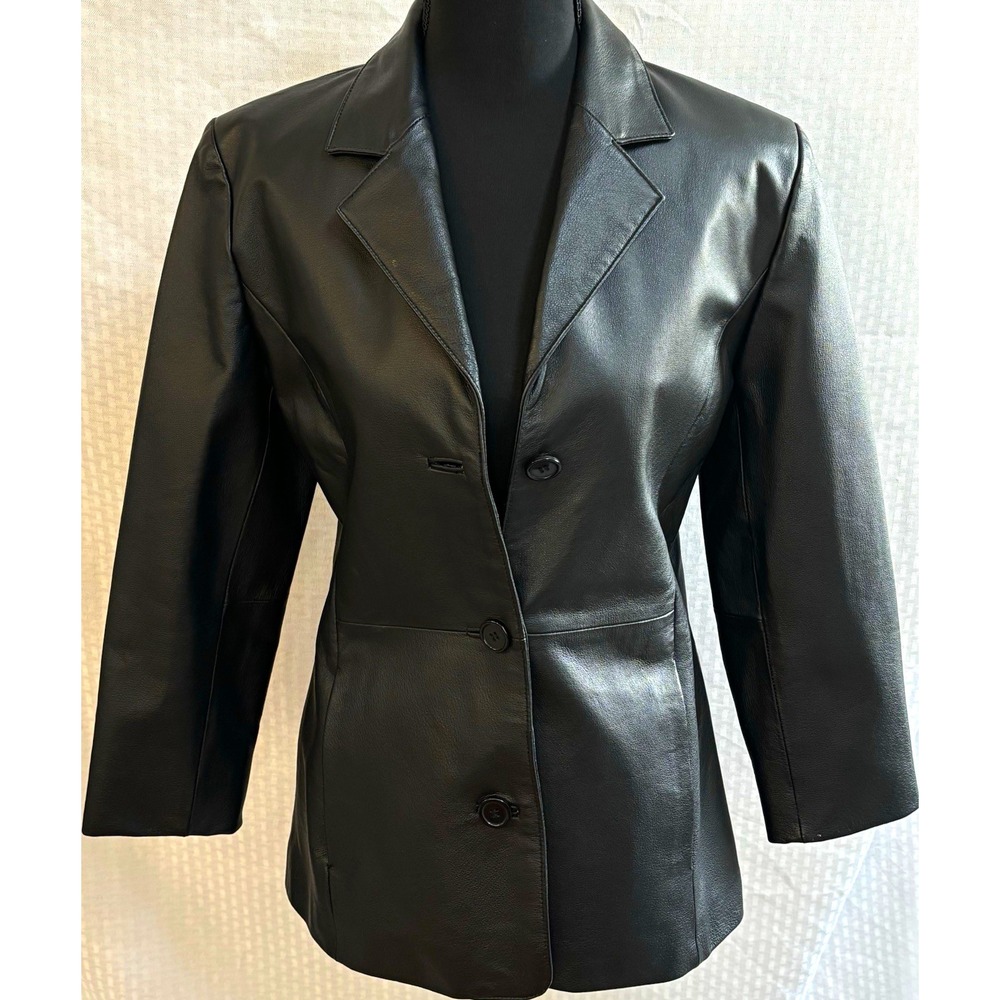 Vintage Shaver Lake Black Leather 3 Button Front Blazer Jacket PXS Petites